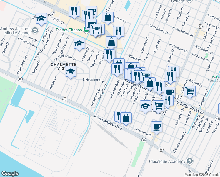 map of restaurants, bars, coffee shops, grocery stores, and more near 2418 Marcelle Drive in Chalmette