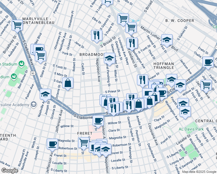 map of restaurants, bars, coffee shops, grocery stores, and more near 4213 South Johnson Street in New Orleans