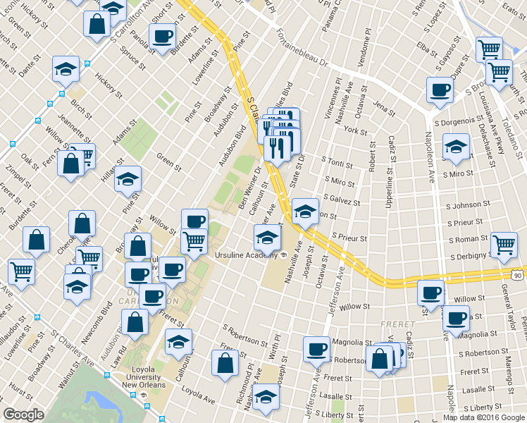 map of restaurants, bars, coffee shops, grocery stores, and more near 2926 Palmer Avenue in New Orleans