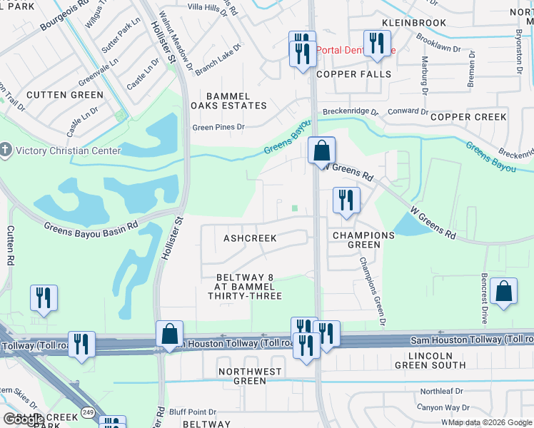 map of restaurants, bars, coffee shops, grocery stores, and more near 11527 Oak Falls Drive in Houston