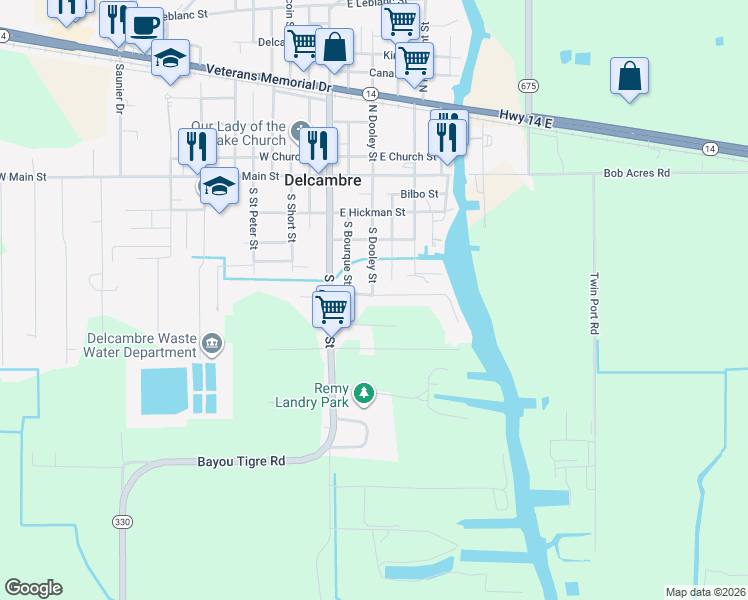 map of restaurants, bars, coffee shops, grocery stores, and more near 422 Laurence Street in Delcambre