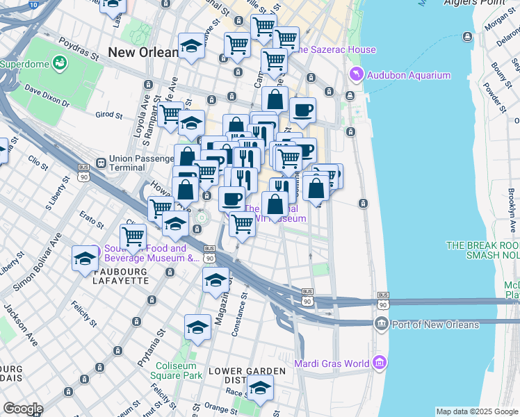 map of restaurants, bars, coffee shops, grocery stores, and more near 817 Constance Street in New Orleans