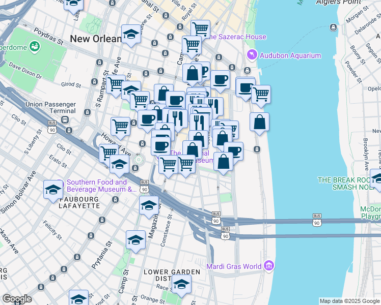 map of restaurants, bars, coffee shops, grocery stores, and more near 345 Saint Joseph Street in New Orleans