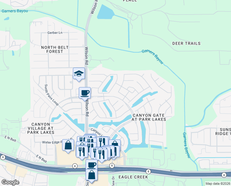 map of restaurants, bars, coffee shops, grocery stores, and more near 4511 Matagorda Lakes Drive in Humble