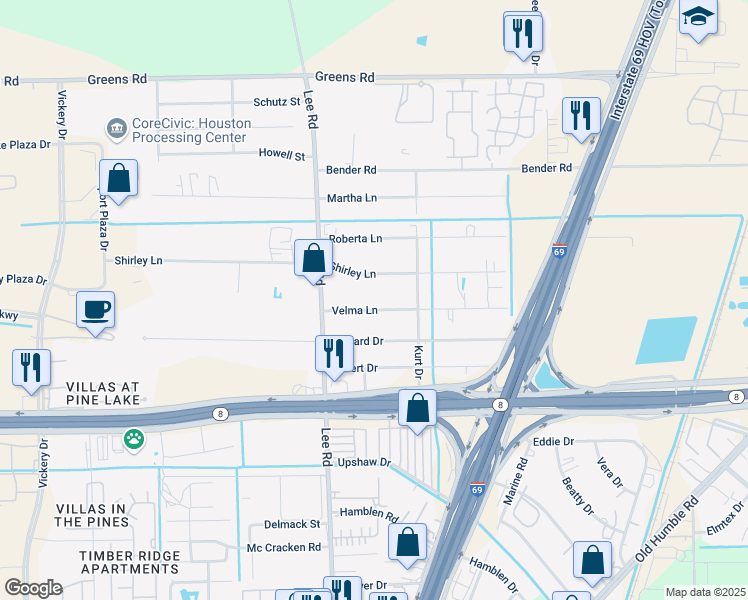 map of restaurants, bars, coffee shops, grocery stores, and more near 5912 Shirley Lane in Humble