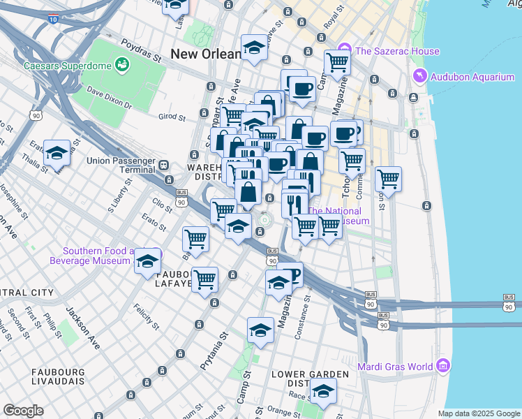 map of restaurants, bars, coffee shops, grocery stores, and more near 919 Saint Charles Avenue in New Orleans