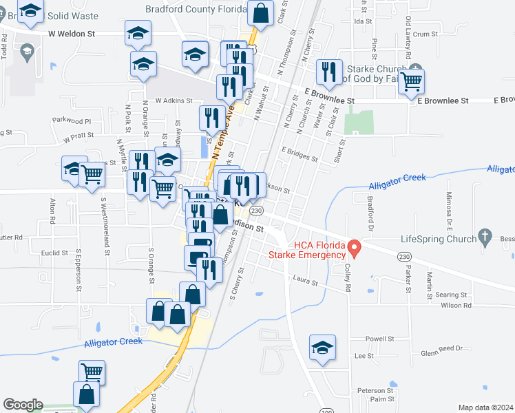 map of restaurants, bars, coffee shops, grocery stores, and more near 140 North Thompson Street in Starke