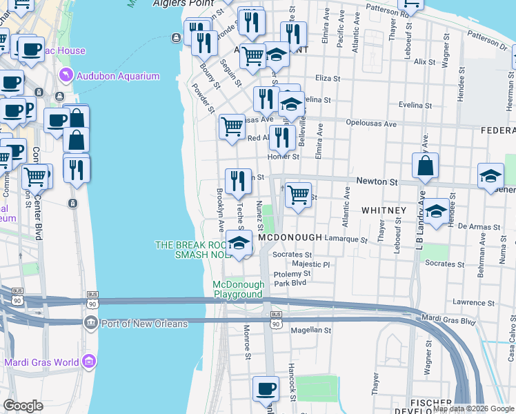 map of restaurants, bars, coffee shops, grocery stores, and more near 1039 Nunez Street in New Orleans