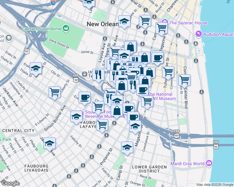 map of restaurants, bars, coffee shops, grocery stores, and more near 800 Saint Joseph Street in New Orleans