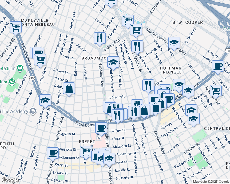 map of restaurants, bars, coffee shops, grocery stores, and more near 4213 South Johnson Street in New Orleans