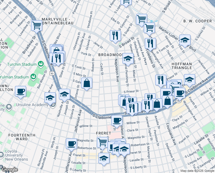 map of restaurants, bars, coffee shops, grocery stores, and more near 4444 South Galvez Street in New Orleans