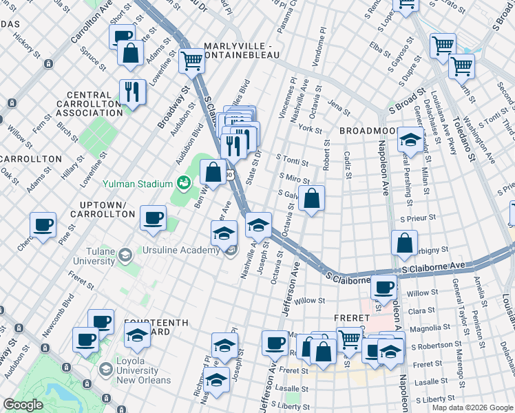 map of restaurants, bars, coffee shops, grocery stores, and more near 3111 State Street Drive in New Orleans