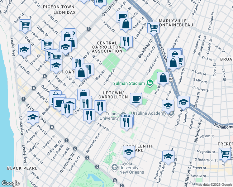 map of restaurants, bars, coffee shops, grocery stores, and more near 1432 Broadway Street in New Orleans