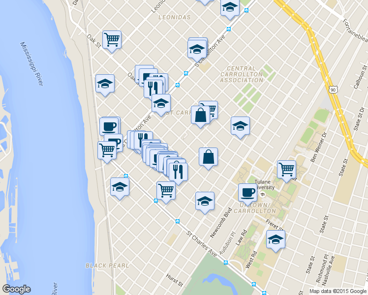 map of restaurants, bars, coffee shops, grocery stores, and more near 7719 Zimple Street in New Orleans