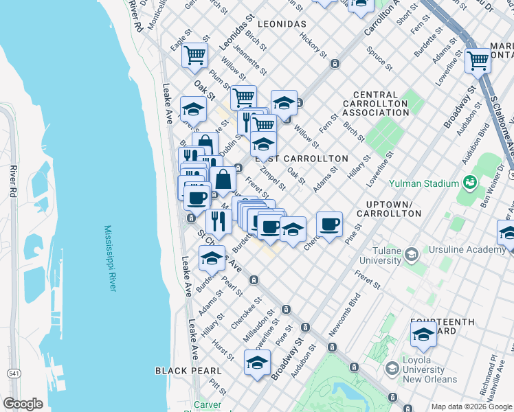 map of restaurants, bars, coffee shops, grocery stores, and more near 7925 Burthe Street in New Orleans