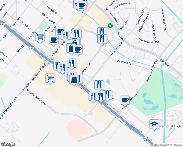 map of restaurants, bars, coffee shops, grocery stores, and more near 3120 Central Mall Drive in Port Arthur