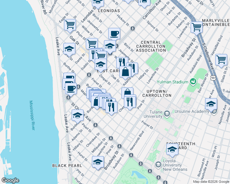 map of restaurants, bars, coffee shops, grocery stores, and more near 7719 Zimple Street in New Orleans