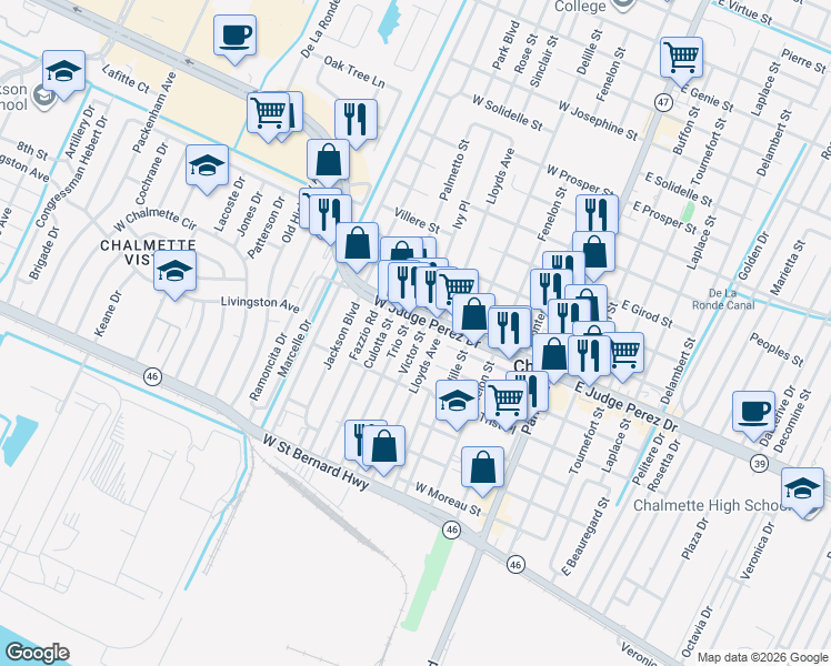 map of restaurants, bars, coffee shops, grocery stores, and more near 700 West Judge Perez Drive in Chalmette