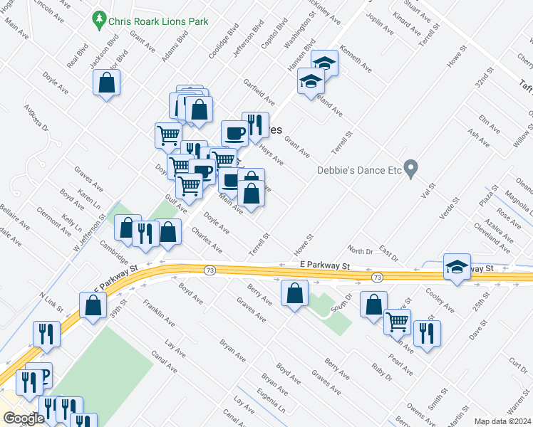 map of restaurants, bars, coffee shops, grocery stores, and more near 6122 Columbus Street in Groves
