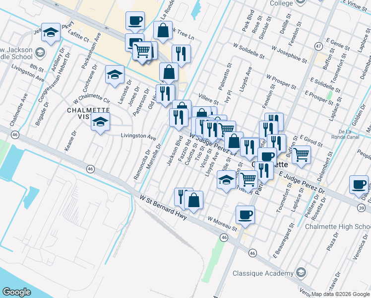map of restaurants, bars, coffee shops, grocery stores, and more near 2520 Jackson Boulevard in Chalmette