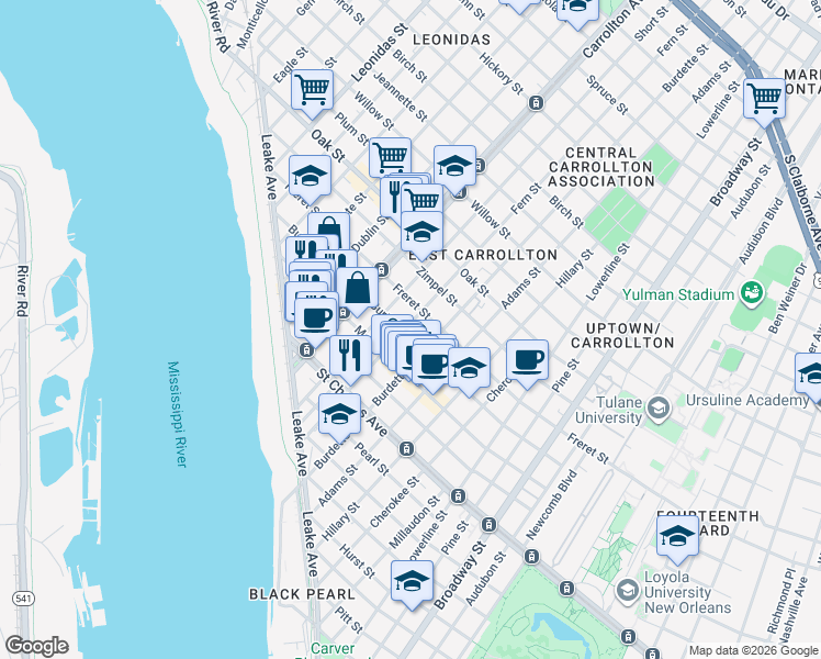 map of restaurants, bars, coffee shops, grocery stores, and more near 7925 Burthe Street in New Orleans