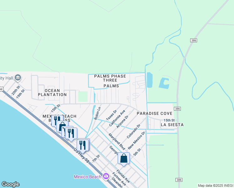 map of restaurants, bars, coffee shops, grocery stores, and more near 932 15th St in Mexico Beach