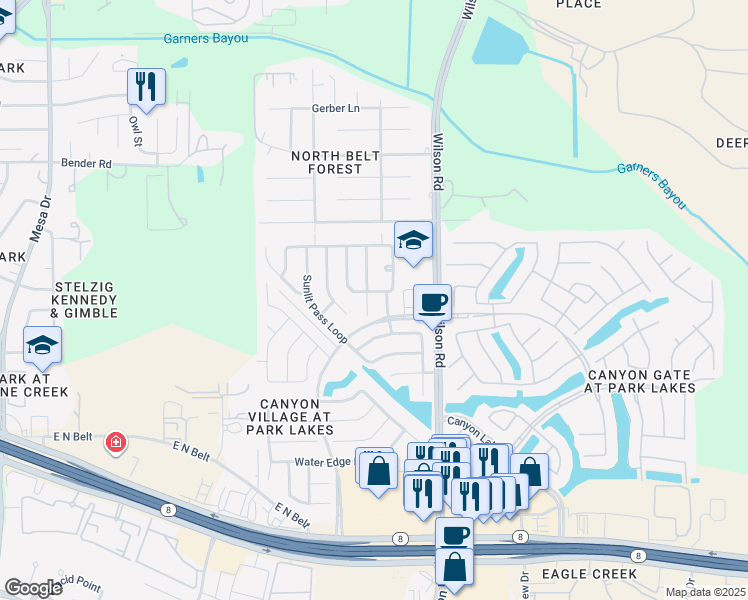 map of restaurants, bars, coffee shops, grocery stores, and more near 4507 Indian Gardens Way in Humble