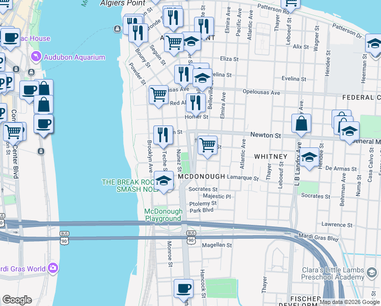 map of restaurants, bars, coffee shops, grocery stores, and more near 1040 Vallette Street in New Orleans