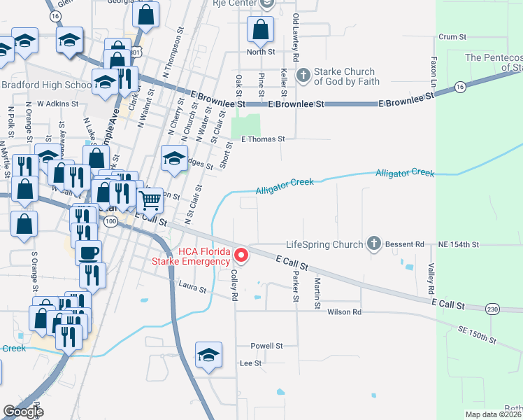 map of restaurants, bars, coffee shops, grocery stores, and more near 234 Bradford Drive in Starke