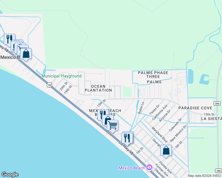 map of restaurants, bars, coffee shops, grocery stores, and more near 106 Parker Parkway in Mexico Beach