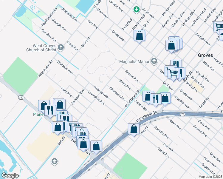map of restaurants, bars, coffee shops, grocery stores, and more near 4648 Kelly Lane in Groves