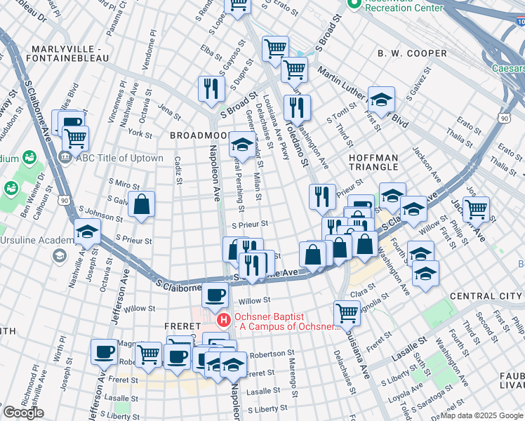 map of restaurants, bars, coffee shops, grocery stores, and more near 4124 South Johnson Street in New Orleans