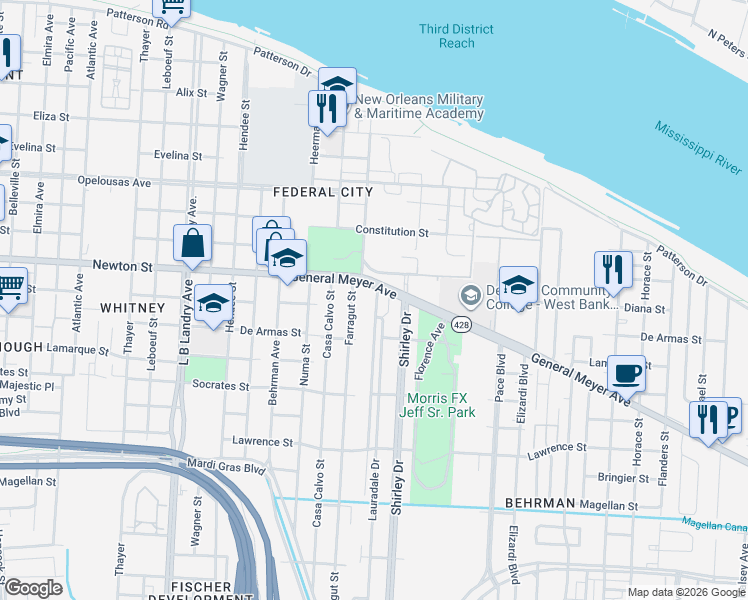 map of restaurants, bars, coffee shops, grocery stores, and more near 2329 General Meyer Avenue in New Orleans