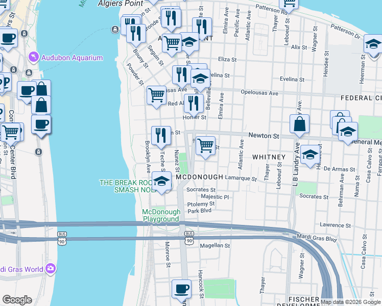map of restaurants, bars, coffee shops, grocery stores, and more near 1040 Vallette Street in New Orleans