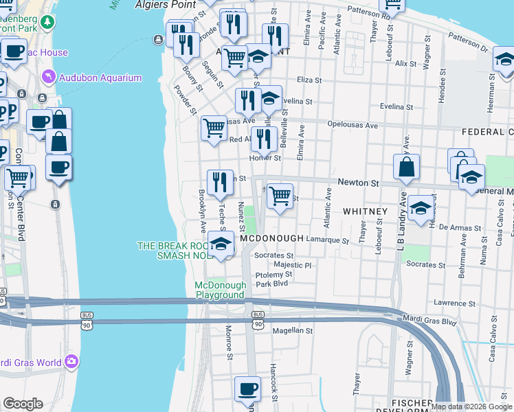 map of restaurants, bars, coffee shops, grocery stores, and more near 1040 Vallette Street in New Orleans