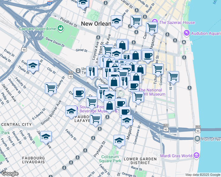 map of restaurants, bars, coffee shops, grocery stores, and more near 800 Saint Joseph Street in New Orleans