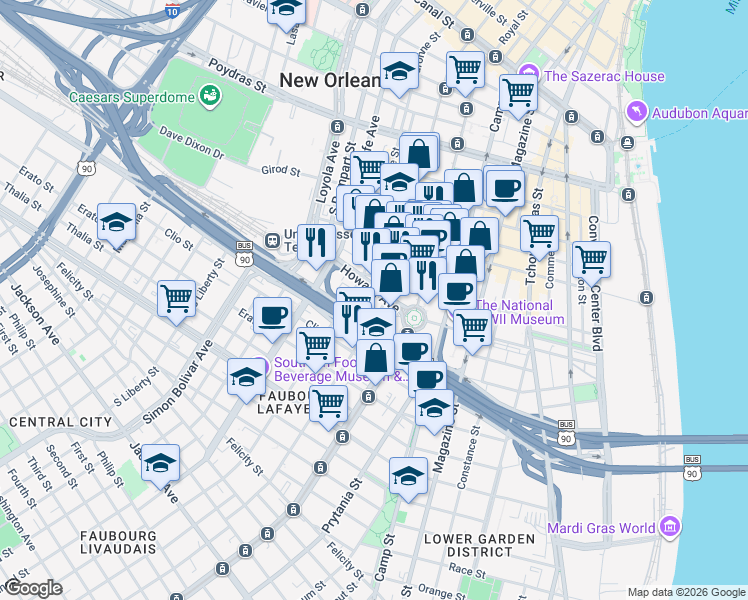 map of restaurants, bars, coffee shops, grocery stores, and more near 800 Saint Joseph Street in New Orleans