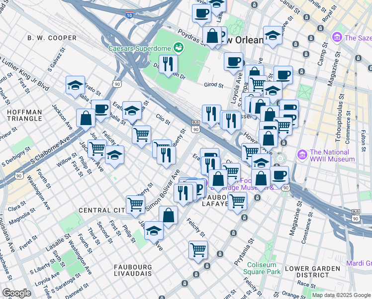 map of restaurants, bars, coffee shops, grocery stores, and more near 1228 South Liberty Street in New Orleans
