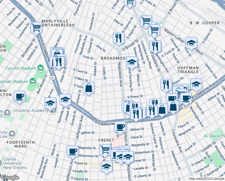 map of restaurants, bars, coffee shops, grocery stores, and more near 4444 South Galvez Street in New Orleans