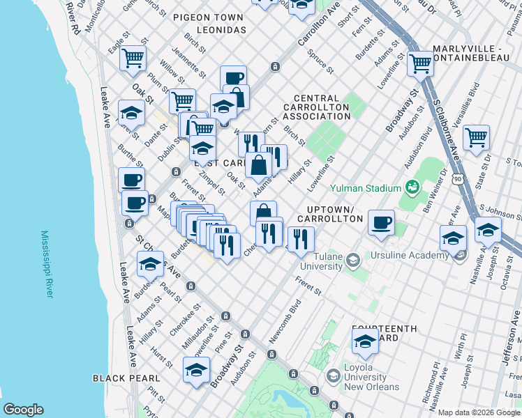 map of restaurants, bars, coffee shops, grocery stores, and more near in New Orleans