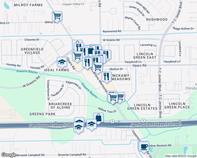 map of restaurants, bars, coffee shops, grocery stores, and more near 11248 Veterans Memorial Drive in Houston
