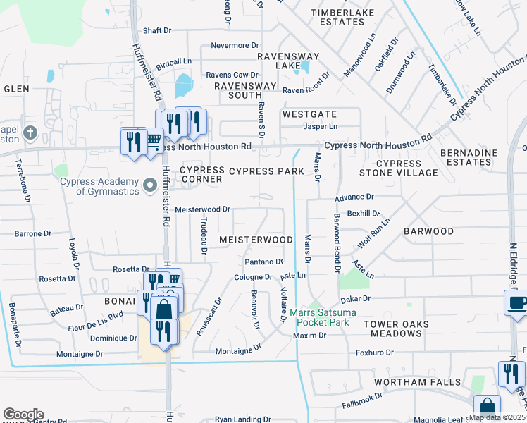 map of restaurants, bars, coffee shops, grocery stores, and more near 13406 Meisterwood Drive in Houston