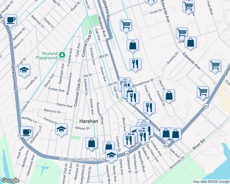 map of restaurants, bars, coffee shops, grocery stores, and more near 584 Oak Avenue in Harahan
