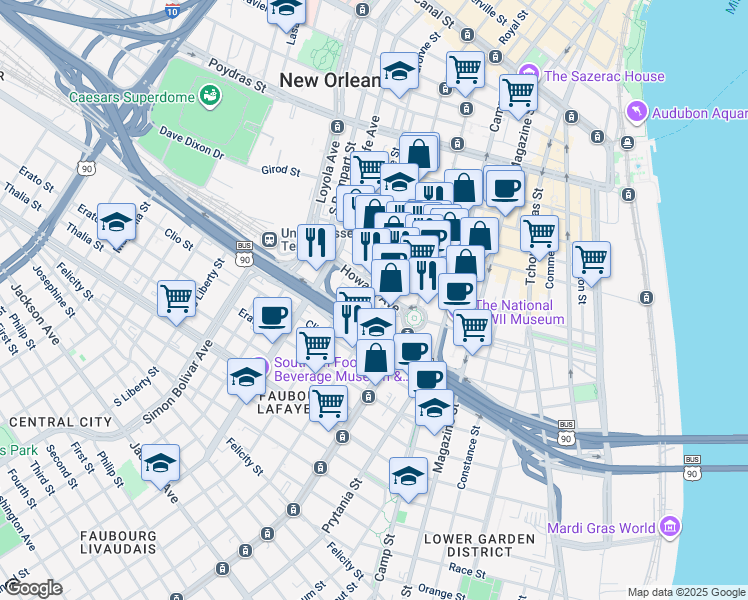 map of restaurants, bars, coffee shops, grocery stores, and more near 800 Saint Joseph Street in New Orleans