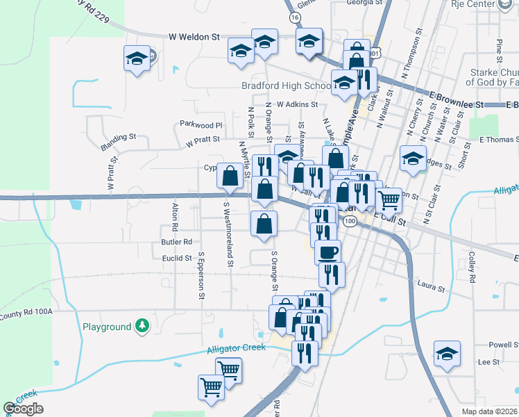 map of restaurants, bars, coffee shops, grocery stores, and more near 656 West Madison Street in Starke