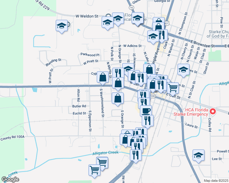 map of restaurants, bars, coffee shops, grocery stores, and more near 656 West Madison Street in Starke