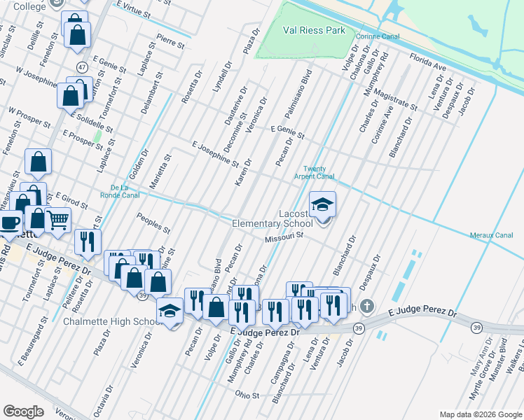 map of restaurants, bars, coffee shops, grocery stores, and more near 3221 Palmisano Boulevard in Chalmette