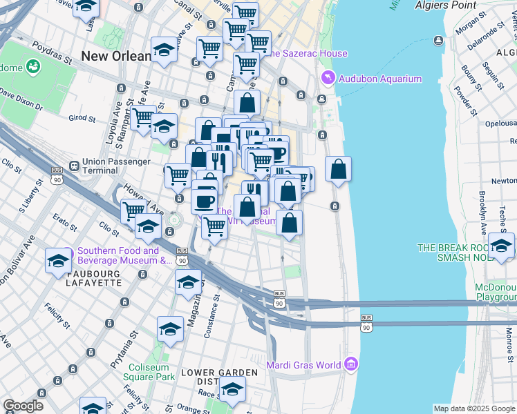 map of restaurants, bars, coffee shops, grocery stores, and more near 800 Tchoupitoulas Street in New Orleans