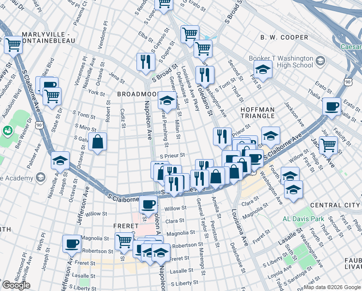 map of restaurants, bars, coffee shops, grocery stores, and more near 4124 South Johnson Street in New Orleans