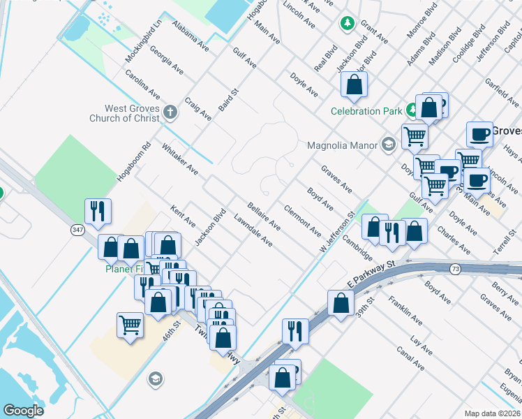 map of restaurants, bars, coffee shops, grocery stores, and more near 4900 Bellaire Avenue in Groves